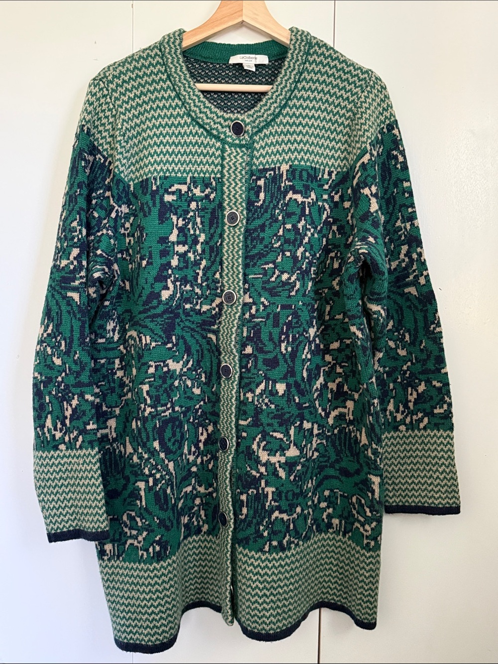 Liz Claiborne Poly Alpaca Green Patterned Button-Up XL Cardigan Office Midlength